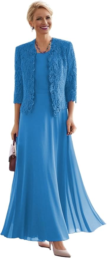 2 Pieces Mother of The Bride Dresses for Women Laces Mother of The Groom Dress 3/4 Sleeve Chiffon Formal Evening Dresses