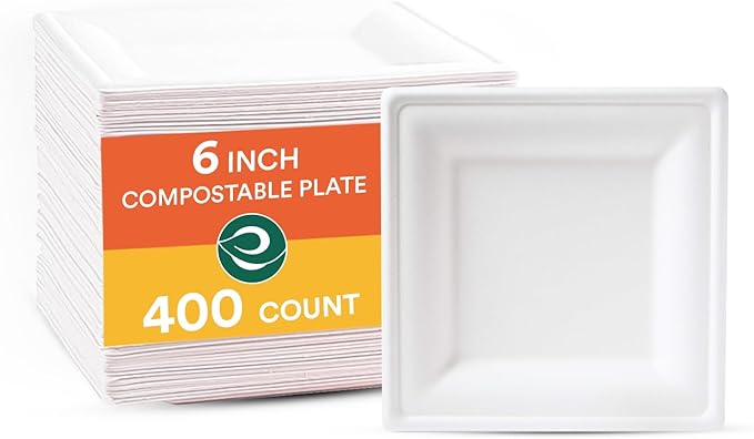 ECO SOUL 6 Inch Compostable Disposable Paper Plates [400 Pack] Food Safe 100% Virgin Bagasse Pulp Heavy Duty Biodegradable Microwave Safe Small Square Dessert Plate for Party, Picnic & BBQ (White)