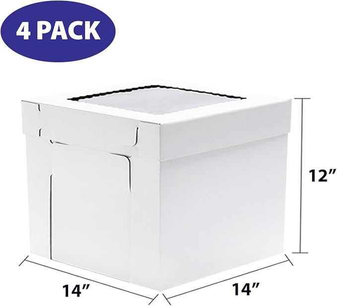 JJO Tall Cake Boxes for Tier Cakes, 14x14x12 Inches 4 Pack,White Bakery Boxes with Window,Disposable Cake Containers, Sturdy Wedding Tall Cake Carrier, Layer Cake Carrier