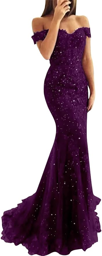 Tulle Long Prom Dresses Off The Shoulder Mermaid Dress with Elegant Laces Appliques Formal Evening Party Gowns