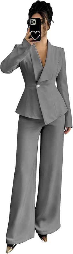 Pant Suits for Women Dressy 2 Piece Womens Pantsuit Long Sleeve Lapel V-Neck Formal Outfit for Wedding Guest