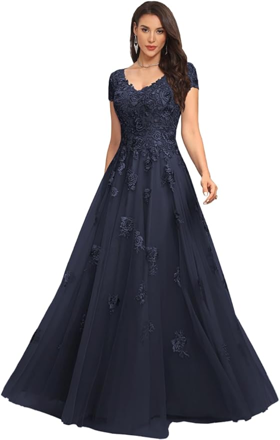 Mother of The Bride Dresses Sleeve Laces Applique V Neck Evening Gowns Cap Sleeves Grandmother of The Groom Dress