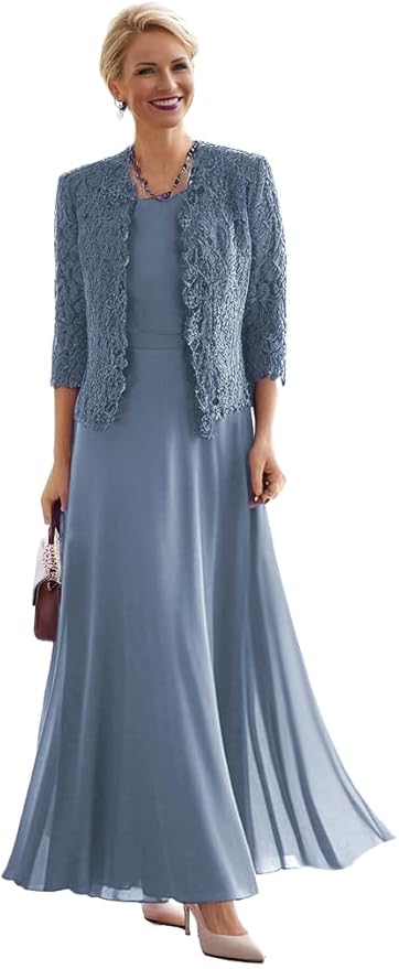 2 Pieces Mother of The Bride Dresses for Women Laces Mother of The Groom Dress 3/4 Sleeve Chiffon Formal Evening Dresses