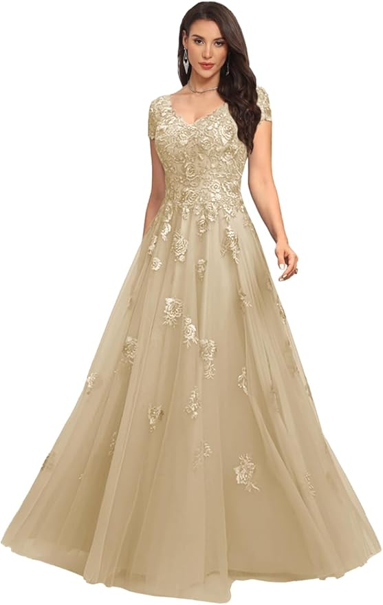 Mother of The Bride Dresses Sleeve Laces Applique V Neck Evening Gowns Cap Sleeves Grandmother of The Groom Dress