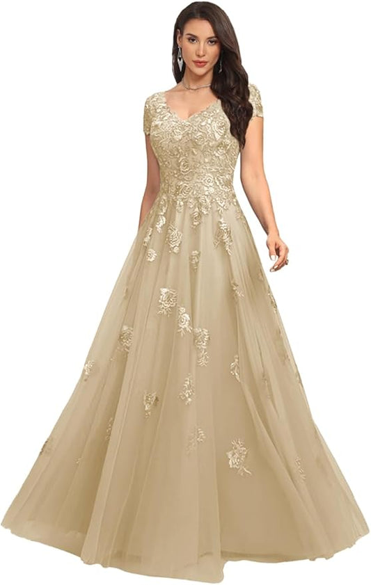 Mother of The Bride Dresses Sleeve Laces Applique V Neck Evening Gowns Cap Sleeves Grandmother of The Groom Dress