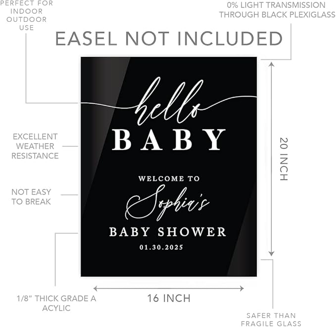 Andaz Press 16"x20" Black Acrylic Personalized Baby Shower Welcome Sign, Gender Neutral Large Custom Sign for Easel Stand, Classic Modern Baby Shower Decorations