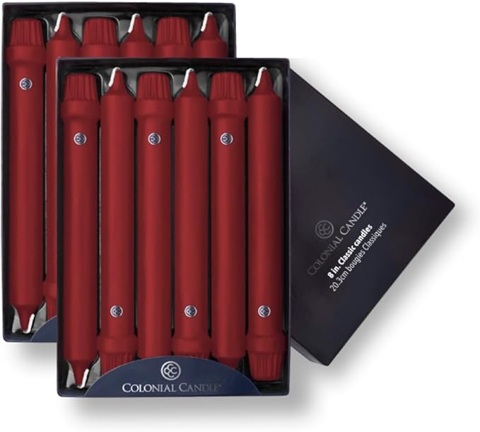 Colonial Candle Unscented Taper Candle, Classic Collection, Traditional Cranberry, 8 in, Pack of 12 - Up to 6 Hours Burn