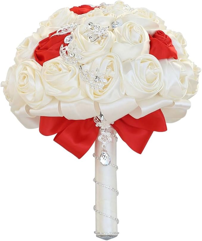 Red and Ivory Wedding Bridal Bouquet Handmade with Rhinestone Brooch Satin Rose Flower Bouquet for Bride Bridesmaid Quinceanera Bouquet Wedding Red and Ivory 9.8in