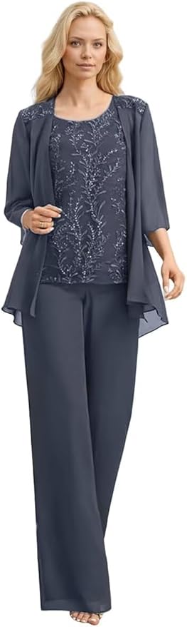 3 Pieces Mother of The Bride Pant Suits Long Laces Appliques 3/4 Sleeves Chiffon Mother of The Groom Dress