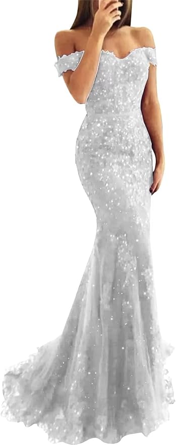 Tulle Long Prom Dresses Off The Shoulder Mermaid Dress with Elegant Laces Appliques Formal Evening Party Gowns