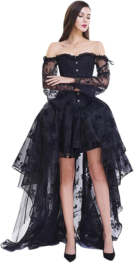Kimring Women's Steampunk Victorian Off Shoulder Corset Top with High Low Skirt