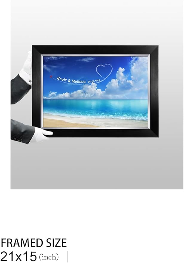 IPIC - Seaside Skywriting Personalized Artwork with Names and Date on, Customized Gift for Anniversary,Wedding,Birthday and Holidays. Framed Size: 21x15
