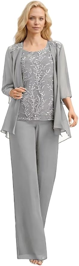 3 Pieces Mother of The Bride Pant Suits Long Laces Appliques 3/4 Sleeves Chiffon Mother of The Groom Dress
