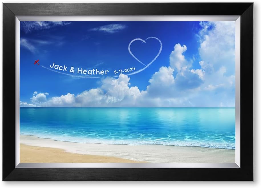 IPIC - Seaside Skywriting Personalized Wall Art with Names, Customized Gift for Coup, Wedding Anniversary. Framed Artwork for Home Decor Ready to Hang. Total size 27x19