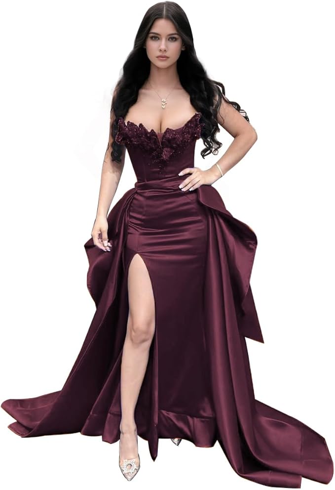 GARDOM Mermaid Satin Prom Dress 2026 Strapless Ball Gown Leaf Ruffle Sequin Slit Formal Dresses for Women Evening Wedding