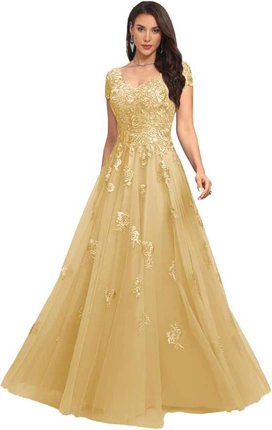 Mother of The Bride Dresses Sleeve Laces Applique V Neck Evening Gowns Cap Sleeves Grandmother of The Groom Dress