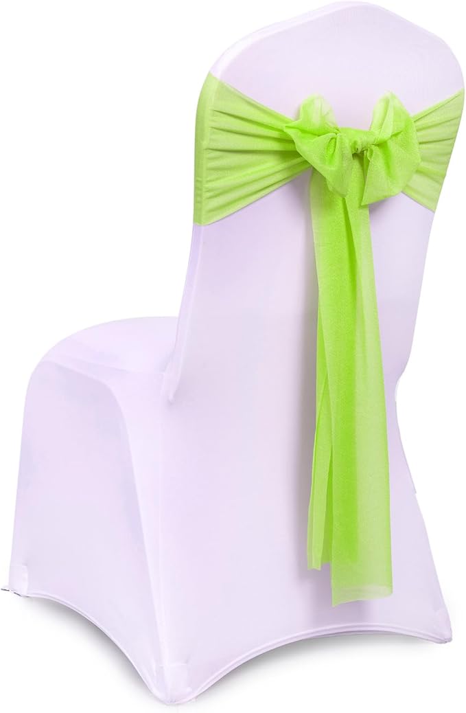 VDS Pack of 25, Parrot Green, Sheer Chiffon Chair Sashes Bows Chair Cover Back Tie Ribbon for Wedding Birthday Baby Shower Engagement Ceremony Event Party Banquet Restaurant Dining Chair Decoration