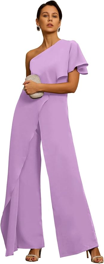 Mother of The Bride Jumpsuit Chiffon One Shoulder Ruffles Wedding Guest Pantsuit for Women
