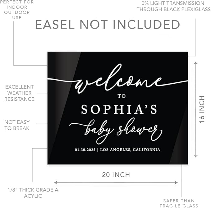 Andaz Press 16"x20" Black Acrylic Personalized Baby Shower Welcome Sign, Gender Neutral Large Custom Sign for Easel Stand, Classic Baby Shower Decorations