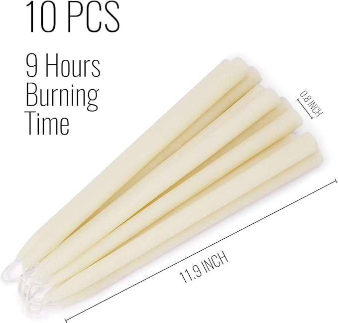 12-inch Ivory Beeswax Taper Candles - 9 Hour Long Burn Time, Pure Natural Non-Toxic Beeswax Candles, 10 Pack