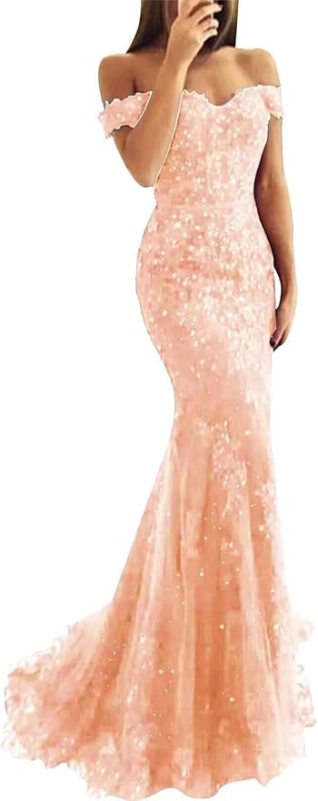Tulle Long Prom Dresses Off The Shoulder Mermaid Dress with Elegant Laces Appliques Formal Evening Party Gowns