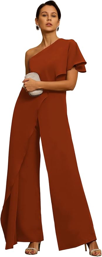 Mother of The Bride Jumpsuit Chiffon One Shoulder Ruffles Wedding Guest Pantsuit for Women