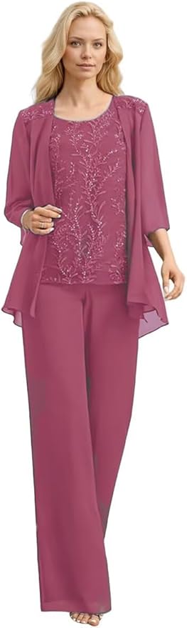 3 Pieces Mother of The Bride Pant Suits Long Laces Appliques 3/4 Sleeves Chiffon Mother of The Groom Dress