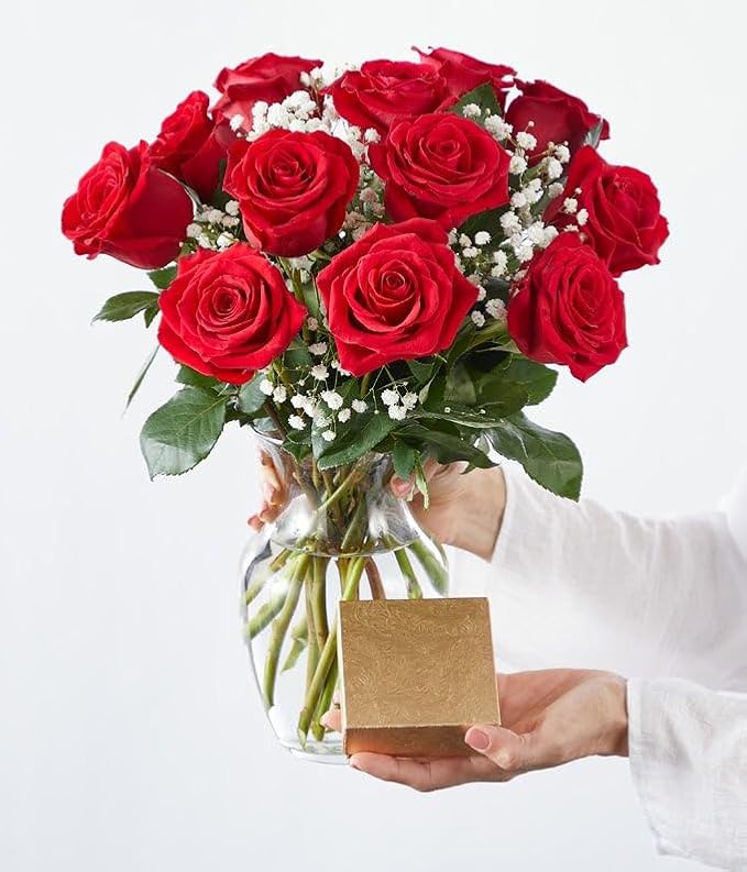 From You Flowers - One Dozen Red Roses + Heart Balloon + Chocolate with Glass Vase | Fresh Flower Bouquets for Birthday, Anniversary, Get Well or Celebration