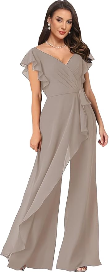Chiffon Mother of The Bride Jumpsuits for Women Asymmetrical Pant Suits Flutter Sleeve V Neck Formal Evening Outfits