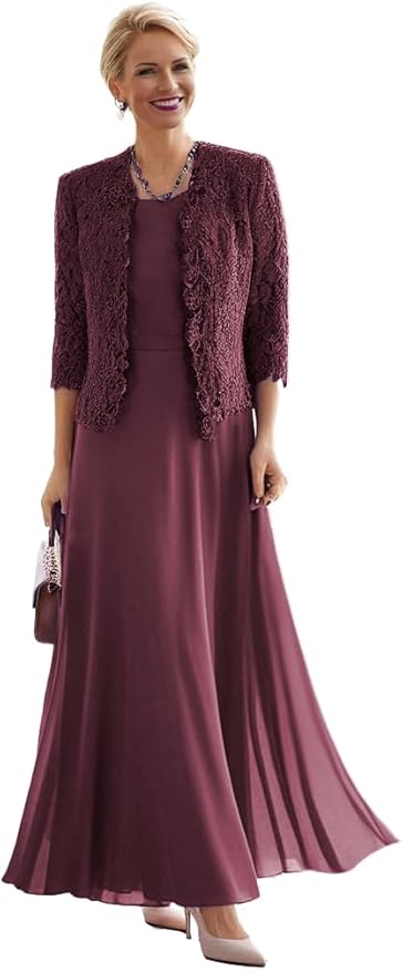 2 Pieces Mother of The Bride Dresses for Women Laces Mother of The Groom Dress 3/4 Sleeve Chiffon Formal Evening Dresses