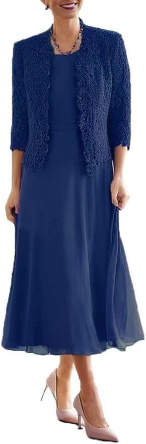 Tea Length Grandmother of The Bride Dresses with Jackets Elegant Laces Mother of Bride Dress for Wedding Guests