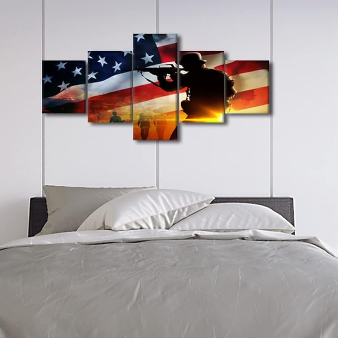 American Flag Wall Art American Soldier with Gun Military Family Canvas Wall Art Canvas Prints Gallery Wrap Modern Home Decor Artwork 5 Panels for Home and Office Framed Ready to Hang 50"Wx24"H