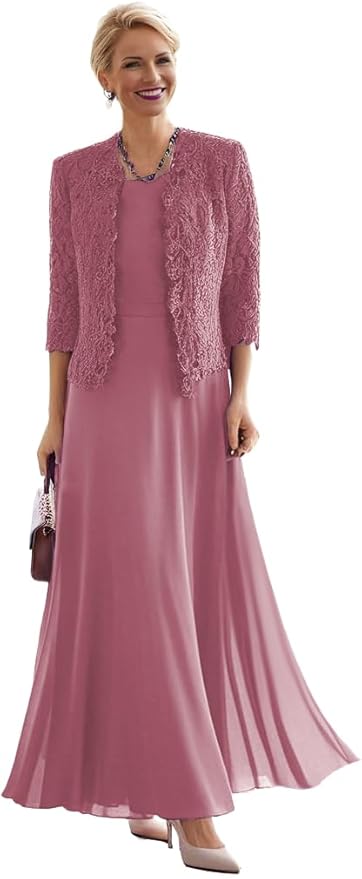 2 Pieces Mother of The Bride Dresses for Women Laces Mother of The Groom Dress 3/4 Sleeve Chiffon Formal Evening Dresses