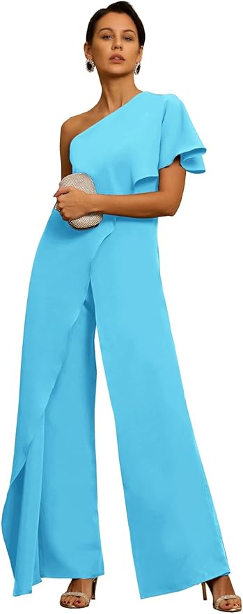 Mother of The Bride Jumpsuit Chiffon One Shoulder Ruffles Wedding Guest Pantsuit for Women