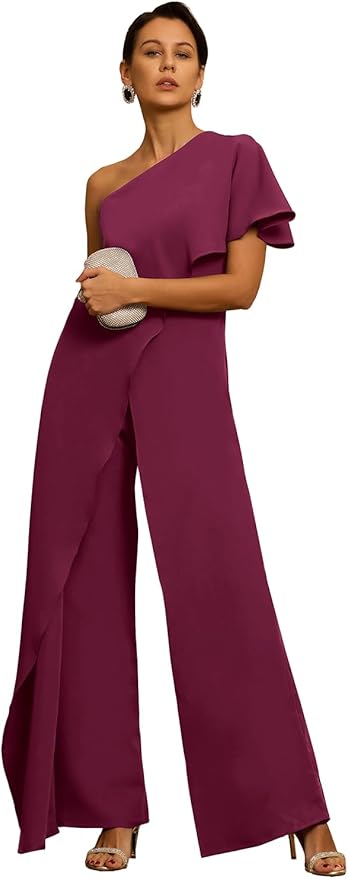 Mother of The Bride Jumpsuit Chiffon One Shoulder Ruffles Wedding Guest Pantsuit for Women