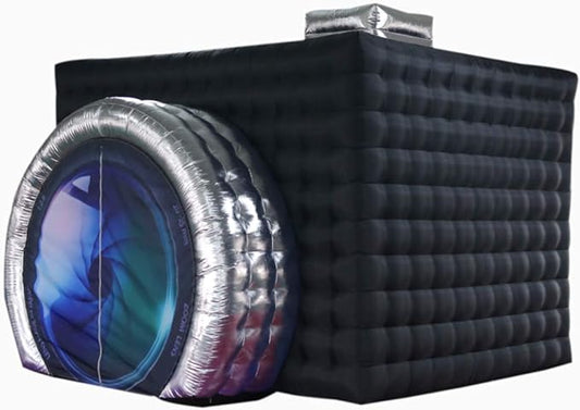 SAYOK Inflatable Photo Booth with Lights, Portable Camera Shaped Cube Tent with Blower, 11.5x9.2x8.2ft (Black&Silver Exterior/White Interior), Backdrop for Wedding Events, Parties, Exhibitions