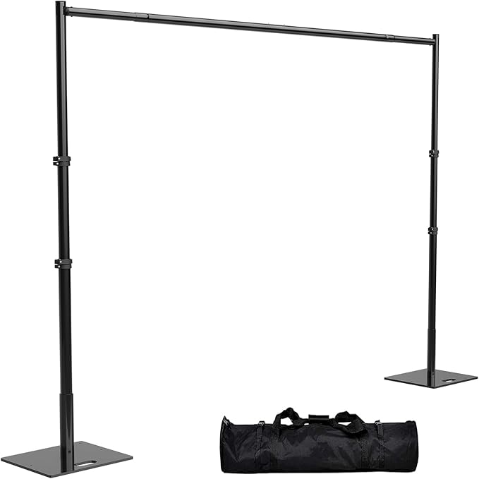 Heavy Duty Backdrop Stand, 8x10ft Pipe and Drape Backdrop Stand Kit with Upgrade Clip on Telescopic Poles Frame and Metal Base, Background Holder for Parties Wedding Birthday Photography