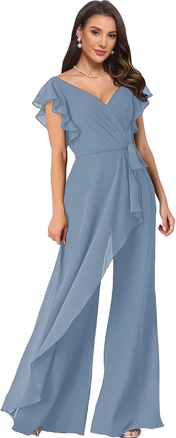 Chiffon Mother of The Bride Jumpsuits for Women Asymmetrical Pant Suits Flutter Sleeve V Neck Formal Evening Outfits