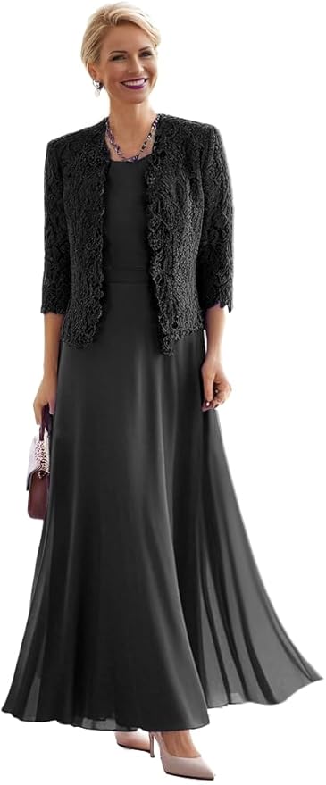 2 Pieces Mother of The Bride Dresses for Women Laces Mother of The Groom Dress 3/4 Sleeve Chiffon Formal Evening Dresses
