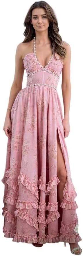 Floral Printed Chiffon Prom Dress for Carmen 2025 Long V Neck Floor Length Photoshoot Dress with Side Slit Ruched