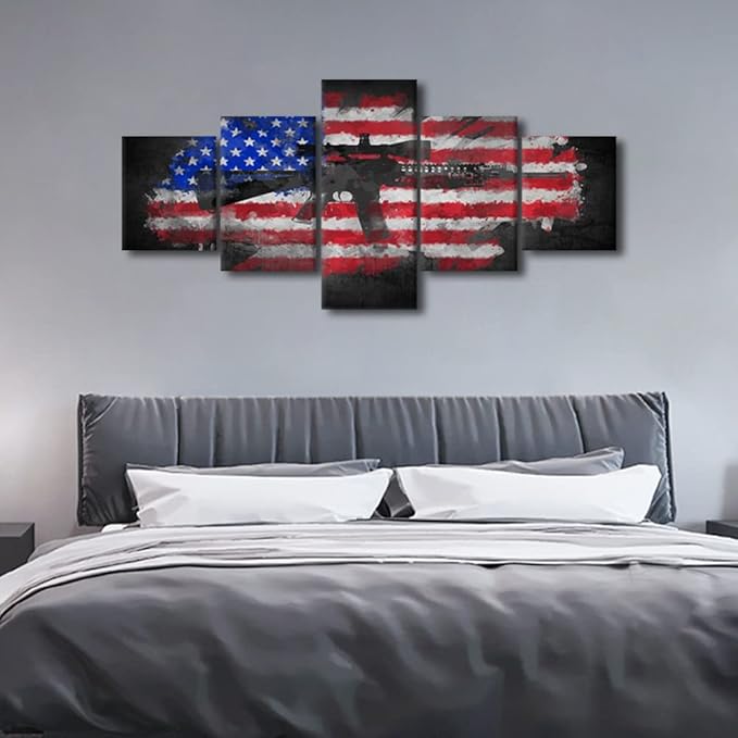 TISHIRON 5-Piece American Flag Wall Art - Canvas & Wooden Flags, Army & Military Wall Decor, Ready to Hang - 50" W x 24" H