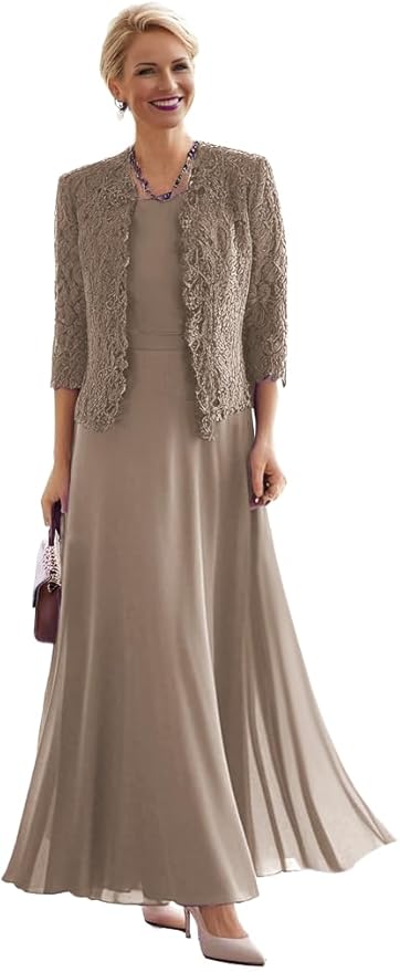 2 Pieces Mother of The Bride Dresses for Women Laces Mother of The Groom Dress 3/4 Sleeve Chiffon Formal Evening Dresses