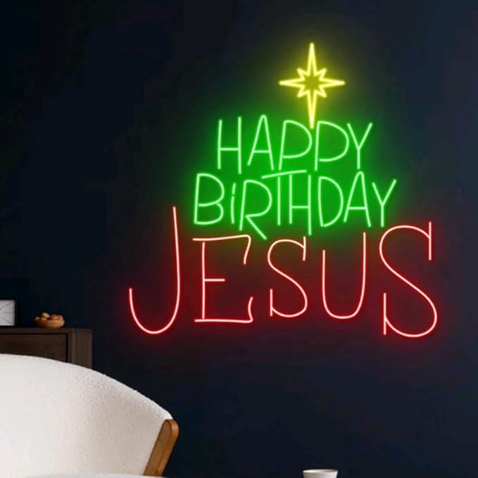 Happy Birthday Jesus Neon Sign, Happy Birthday Jesus Led Sign, Merry Christmas Neon Light, Happy New Year Room Wall Decor,Christmas Led Sign Size:17 inches