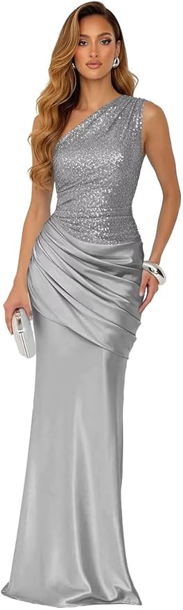 Sparkly Sequins Mermaid Prom Dress 2026 for Women Long Satin One Shoulder Asymmetrical Pleated Formal Evening Gown