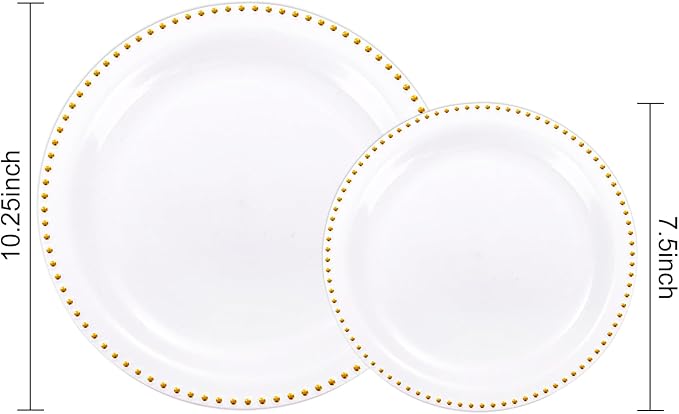 Rubtlamp 60Pcs White Gold Plastic Plates, White Disposable Plates With Gold Beaded, Heavyduty Plastic Plates Include 30 Dessert Platos, 30 Dinner Platos for Party