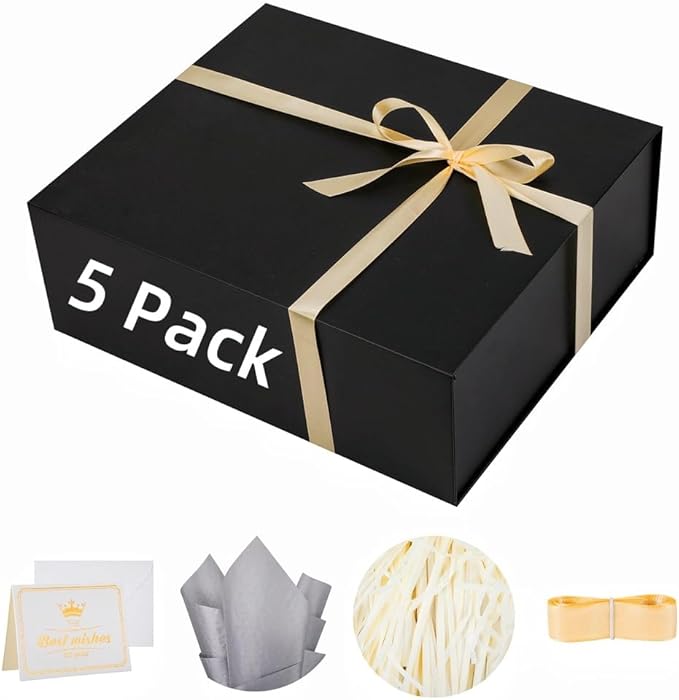 5 Pack Extra Large Black Gift Box 17x14.5x6 inch Luxury Groomsman Box for Presents with Magnetic Closure Lid Collapsible,Birthday,Christmas,Contains Card, Ribbon,Tissue Paper,Shredded Paper Filler
