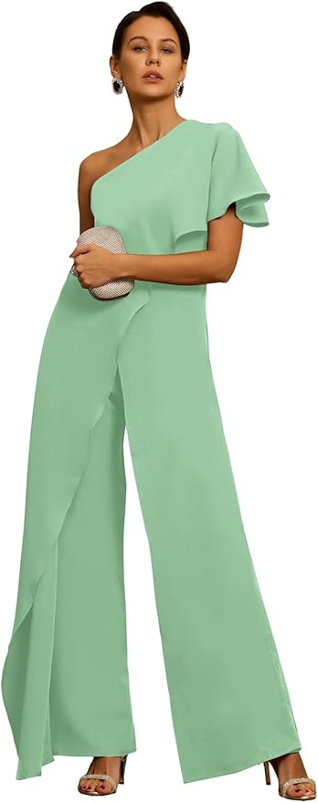 Mother of The Bride Jumpsuit Chiffon One Shoulder Ruffles Wedding Guest Pantsuit for Women