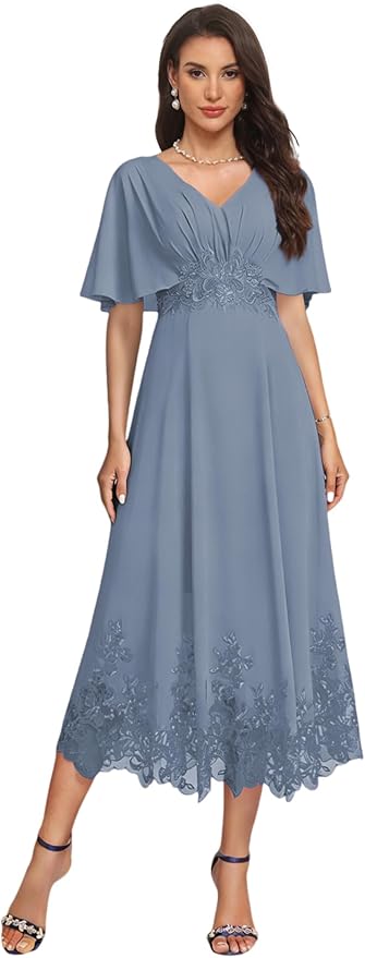 Tea Length Mother of The Bride Dress with Sleeves Laces Formal Evening Gowns for Wedding V Neck Wedding Guest Gown ZMX37