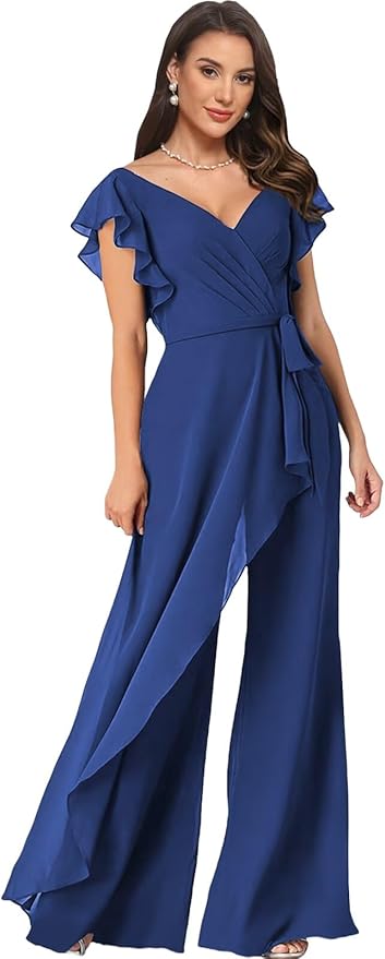 Chiffon Mother of The Bride Jumpsuits for Women Asymmetrical Pant Suits Flutter Sleeve V Neck Formal Evening Outfits