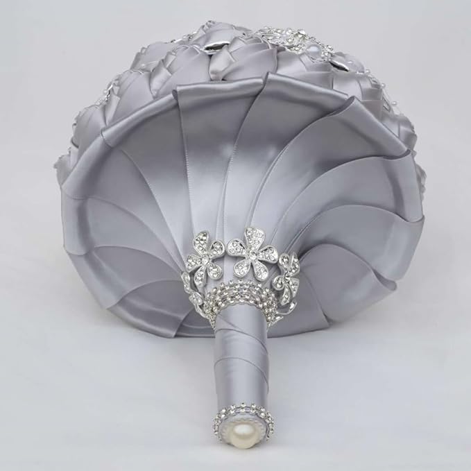 Silver Bridal Wedding Bouquet Handmade Luxury Rhinestone Brooch Pearl Bouquet for Bride Bridesmaid Quinceanera Satin Rose Artificial Flower Bouquet Wedding Silver 7.1in